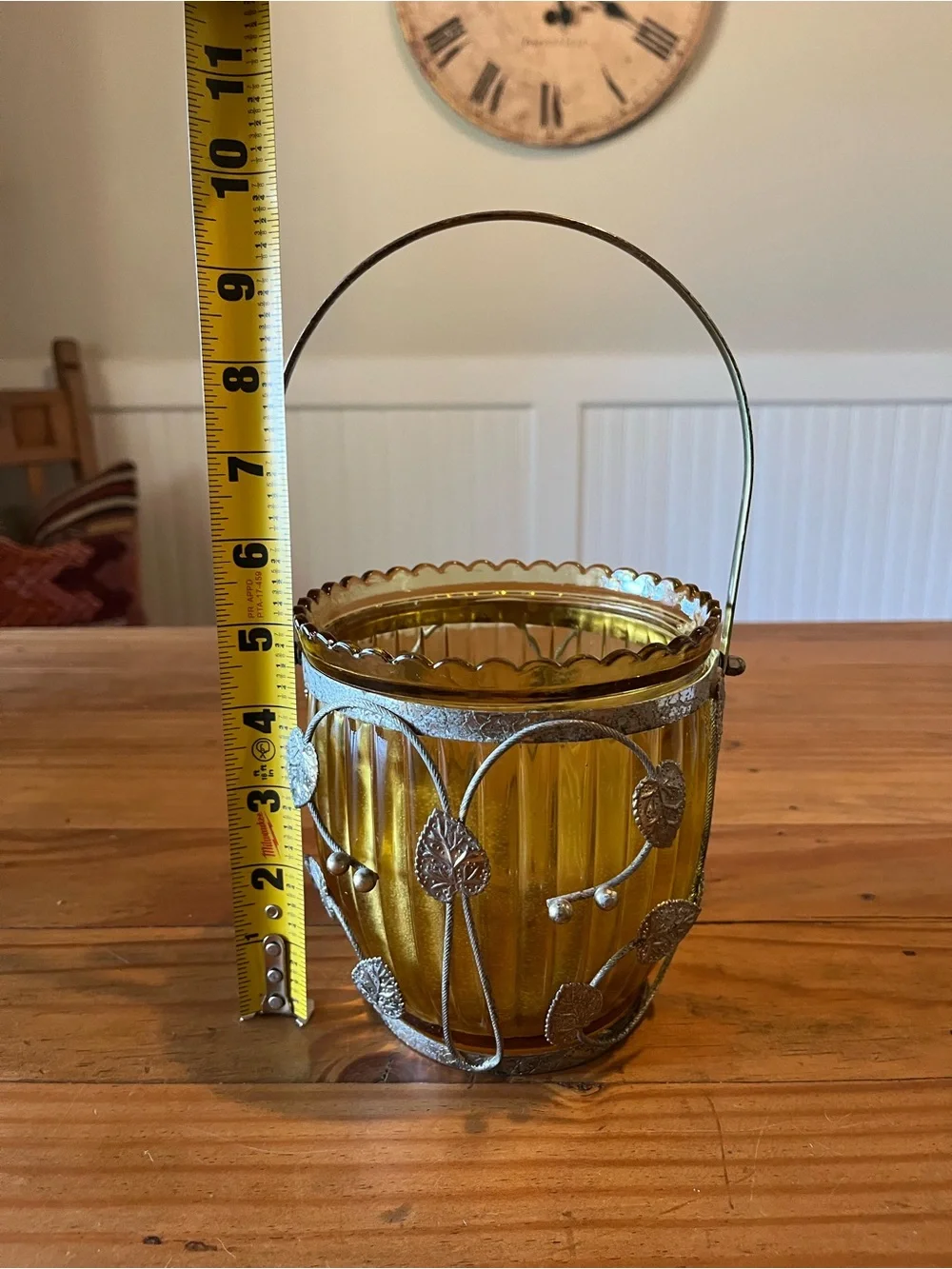 Vintage Amber Glass Ice Bucket with Caged Leaf and Handle